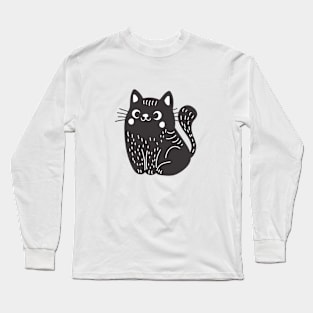 Linocut Style Black Cat Long Sleeve T-Shirt